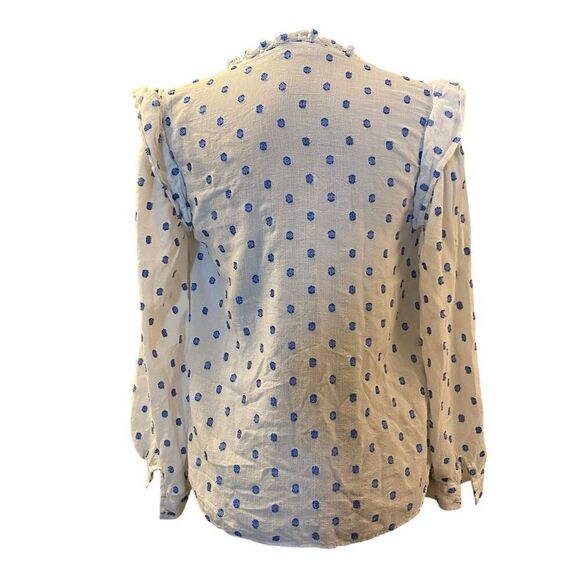 Zara White and Blue Metallic Polkadot Long Sleeve Button Down Top Sz M - Picture 4 of 13